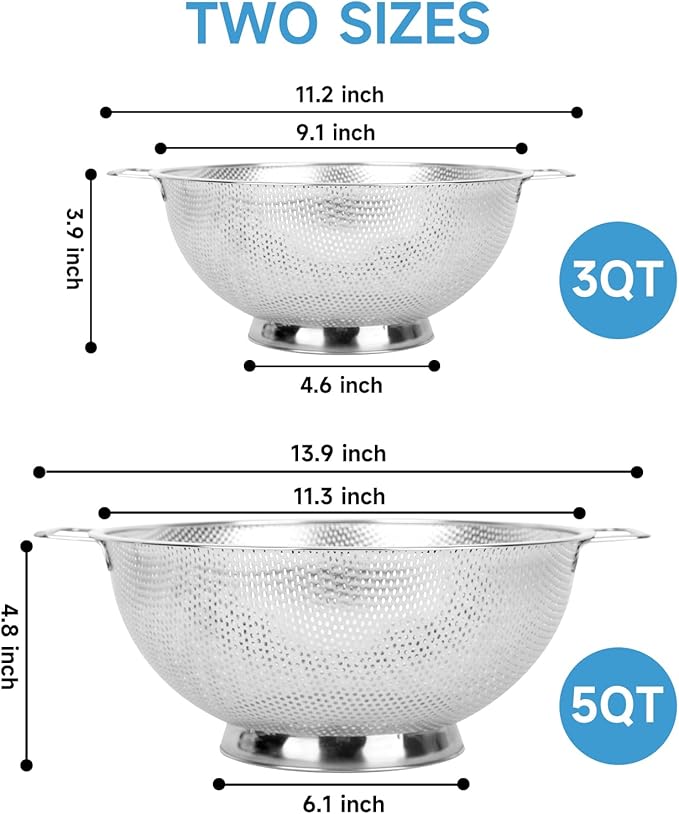 2PCS Colander for Kitchen, 3QT and 5QT, Stainless Steel Colander Strainer with Handle for Fruits Vegetables Cooking Food, Dishwasher Safe - Image 2