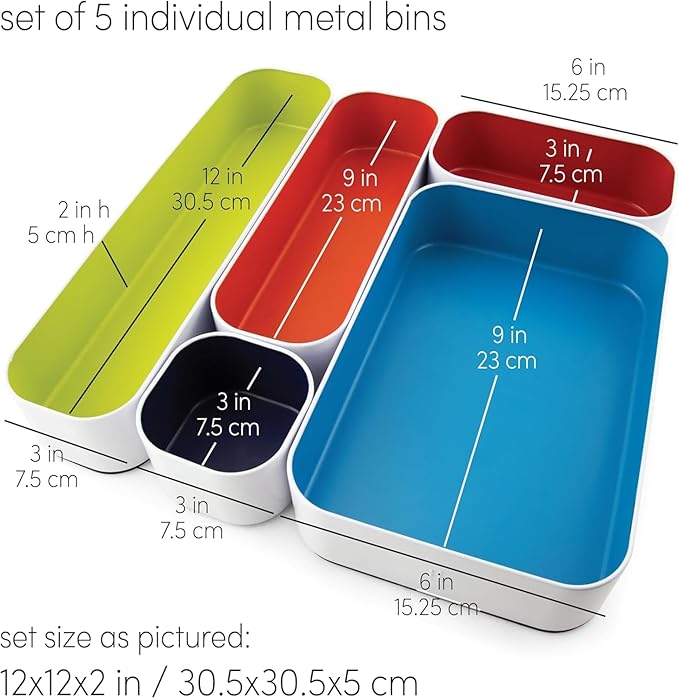 Three by Three Seattle 5 Piece Metal Organizer Tray Set for Storing Makeup, Stationery, Utensils, and More in Office Desk, Kitchen and Bathroom Drawers (2 Inch, Assorted Colors) - Image 3