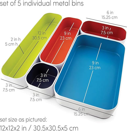 Three by Three Seattle 5 Piece Metal Organizer Tray Set for Storing Makeup, Stationery, Utensils, and More in Office Desk, Kitchen and Bathroom Drawers (2 Inch, Assorted Colors) - Image 3