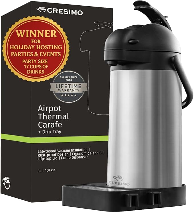 Airpot Coffee Dispenser with Pump & Tray - 102oz/3L Coffee Carafe with Pump - 12 Hours Hot Drink Dispenser for Parties - Stainless Steel Thermal Carafe for Hot Cocoa Bar -Easy-to-Use Insulated Pitcher by Cresimo