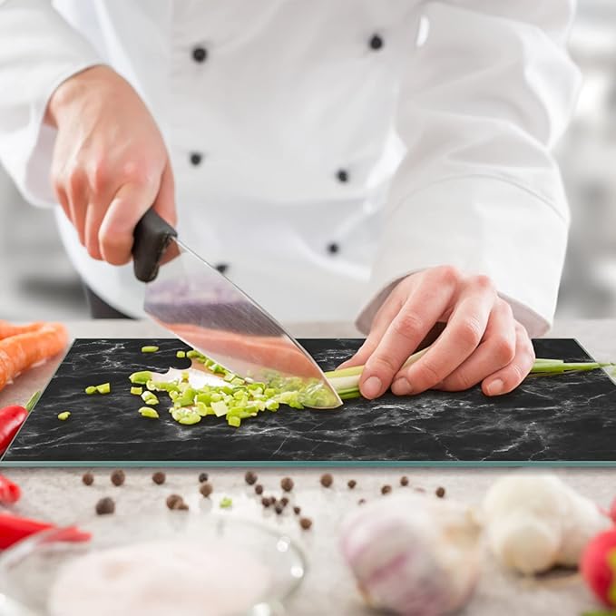 JAMBALAY Tempered Glass Cutting Board for Kitchen, 16"x12" Black Marble Glass Cutting Board with Design, Glass Chopping Board with Non Slip Feet, Heat & Shatter Resistant, Dishwasher Safe