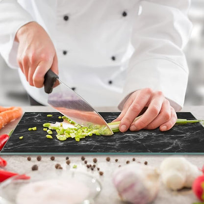 JAMBALAY Tempered Glass Cutting Board for Kitchen, 16"x12" Black Marble Glass Cutting Board with Design, Glass Chopping Board with Non Slip Feet, Heat & Shatter Resistant, Dishwasher Safe
