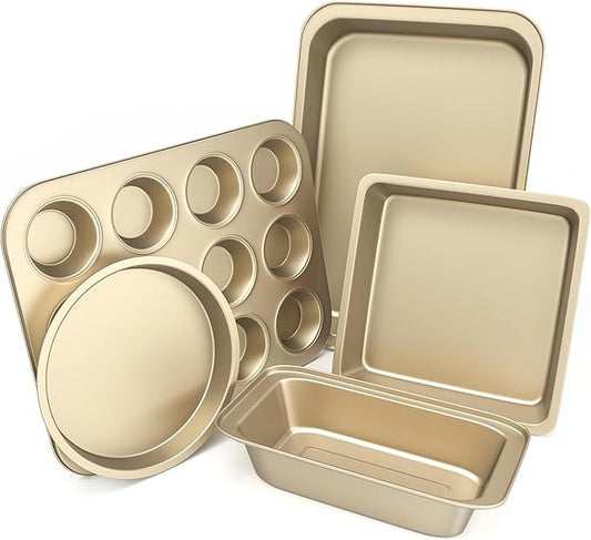 CasaCulina Baking Pans Set, 5-Piece Nonstick Bakeware Sets with Round/Square Cake Pan, Muffin Loaf Roast Pan, Baking Sheets for Oven, Kitchen Cookware Sets Baking Tray Baking Supplies, Gold