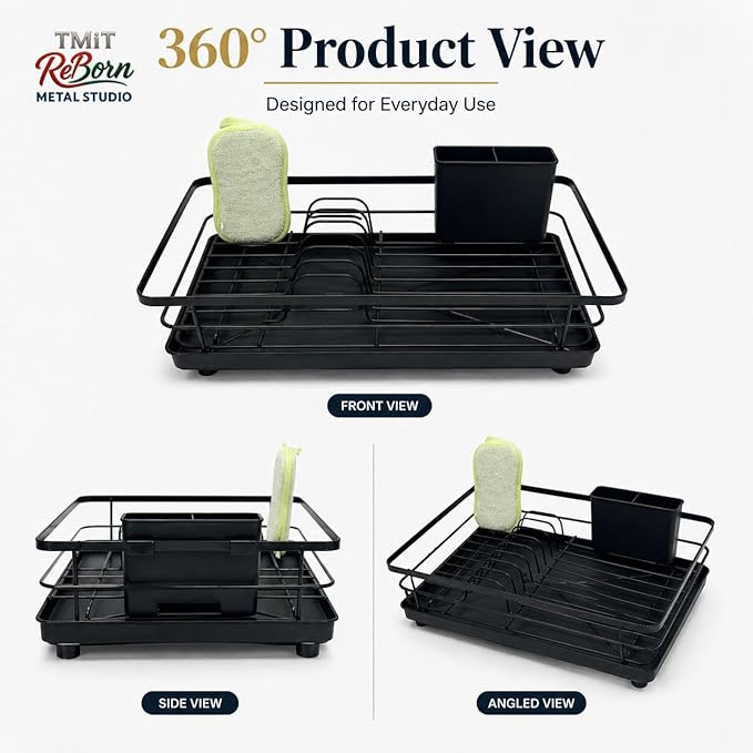 Metal Dish Drying Rack for Kitchen Counter, Black, Sink Organizer with Cutlery Holder, Kitchen Storage and Organization Essentials, 11.8 x 15.7 Inch