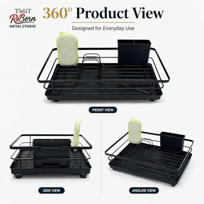Metal Dish Drying Rack for Kitchen Counter, Black, Sink Organizer with Cutlery Holder, Kitchen Storage and Organization Essentials, 11.8 x 15.7 Inch