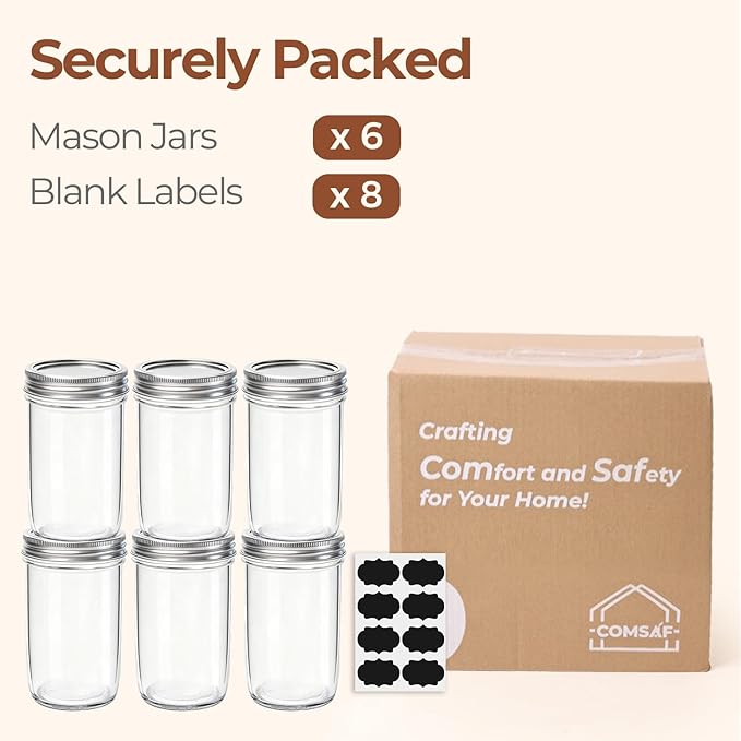 ComSaf 12 oz Mason Jars with Lids 6 Pcs, Regular Mouth Canning Jars with Seal Bands, 12 oz Glass Jar with lid for Soft Drinks, Juice, Jam, Jelly, Sauce, Dessert, Overnight Oats, Pickles - Image 8