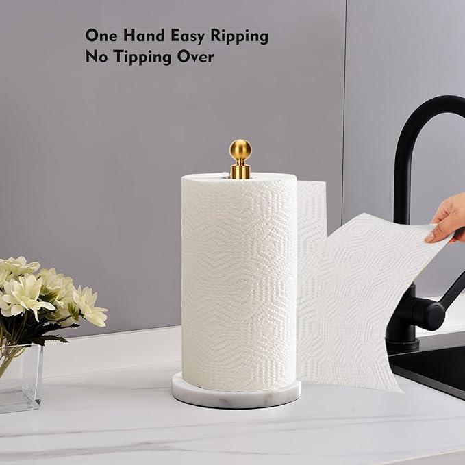 Gold Paper Towel Holder Countertop, with Weighted Marble Base for One-Handed Operation, No Wobbly (Marble Base, Gold) - Image 2