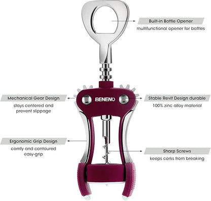 Beneno Wine Opener, Zinc Alloy Premium Wing Corkscrew with Multifunctional Bottles Opener, Sharp Wine Corkscrew with Ergonomic Non-Slip Wing Handle, Purple - Image 3