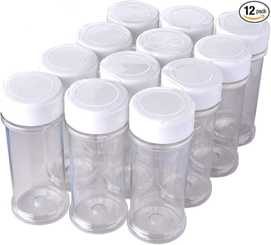 12 Pack of 6 Oz. Empty Clear Plastic Spice Bottles with White Sprinkle Top Lids For Storing and Dispensing Salt, Sweeteners and Spices - Food-Grade Spice Jars for Kitchen and Home Spice Organization by XyloBurst