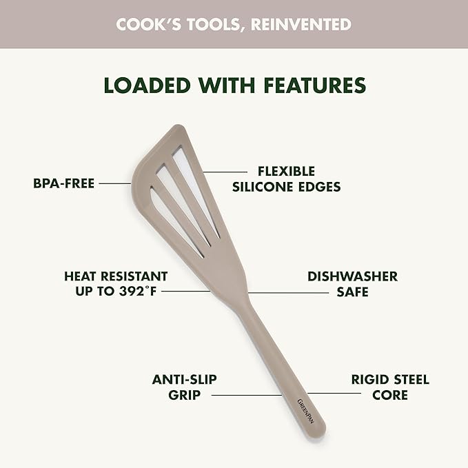 GreenPan Silicone Fish Turner Spatula, Slotted Cooking Kitchen Utensil, Flexible Rubber Nonstick Cookware, Rigid Steel Core, Heat-Resistant, Anti-Slip Handle, BPA-Free, Dishwasher Safe, Taupe - Image 4