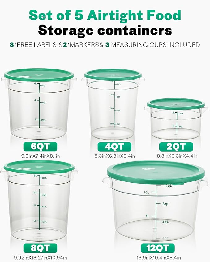 6QT NSF Round Food Storage Containers with Lids: 4 PCS [Total Food Grade][Hot&Cold Resistant] Dough Proofing Container for Pizza, Bread with Measuring Spoons Included(BPA FREE) (GREEN) - Image 9