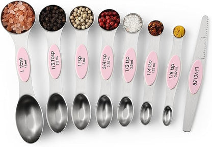 Spring Chef Stainless Steel Magnetic Measuring Spoons Set of 8 with Leveler, Dual Sided Teaspoon & Tablespoon Measuring Spoons with Strong Magnets, Kitchen Gadgets for Baking & Cooking - Pink Lemonade - Image 9