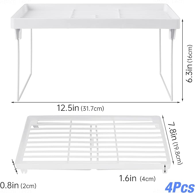 NiHome 4-Pack Stackable Plastic Kitchen Storage Shelf Foldable Rack - White Kitchen Cabinet Organizer and Storage Shelves Stackable Expandable Storage Racks for Counter Cabinet Pantry - Image 6