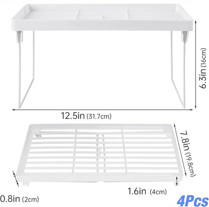 NiHome 4-Pack Stackable Plastic Kitchen Storage Shelf Foldable Rack - White Kitchen Cabinet Organizer and Storage Shelves Stackable Expandable Storage Racks for Counter Cabinet Pantry - Image 6