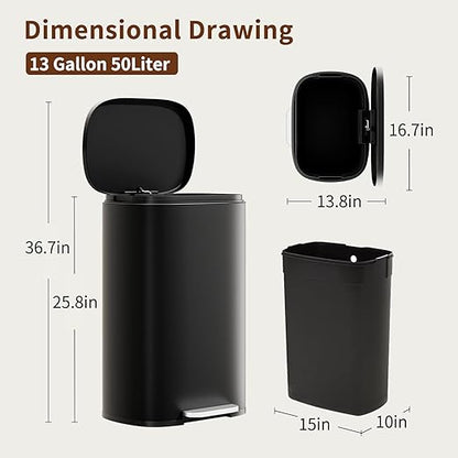 PayLessHere Stainless Steel Trash Can with Lid - Removable Inner Bucket, Foot Pedal Soft Close for Office, Home, Kitchen Garbage Bin (Black, 13 G) - Image 7