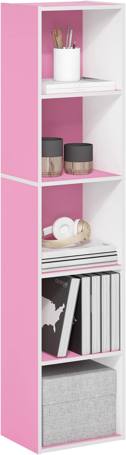 Furinno PASIR Book Shelf, 5-Tier Modern Bookshelf, Open Shelves Bookcase 9 x 12 x 52, Easy Assembly, for Living Room, Bedroom, Home Office, Pink/White by Furinno-FitsYourSpaceFitsYourBudget