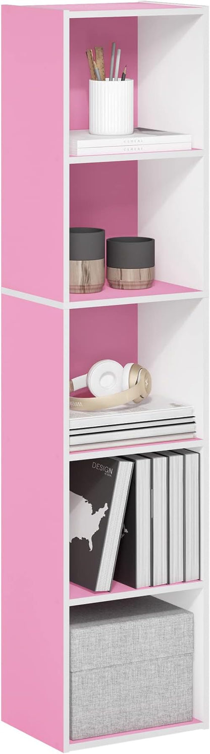 Furinno PASIR Book Shelf, 5-Tier Modern Bookshelf, Open Shelves Bookcase 9 x 12 x 52, Easy Assembly, for Living Room, Bedroom, Home Office, Pink/White by Furinno-FitsYourSpaceFitsYourBudget