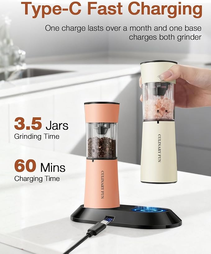 Gravity Electric Salt and Pepper Grinder Set with USB-C Charging Base,Rechargeable Automatic Stainless Steel Pepper Mill Grinder with LED Light, 2pack+Peach Orange (Peach Orange +Buttercream)