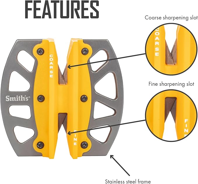 Smith’s 51176 Stainless Steel 2-Step Knife Sharpener | Yellow | Preset Coarse & Fine Slots | Outdoor Handheld Knife Sharpener | Fishing, Hunting, Filet, Pocket Knives | Portable Compact Keychain Tool - Image 3