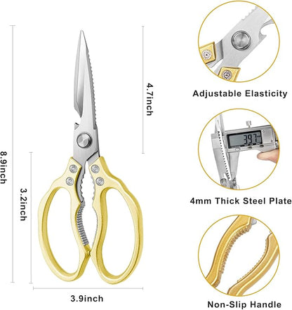 AWinjoy Kitchen Scissors, Heavy Duty Sharp Shears Dishwasher Safe, Kitchen Accessories Cooking Shears for Meat Chicken Fish Poultry Herb Bread (gold) - Image 2