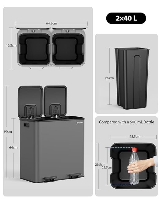 Lovewind Trash Can, 2 x 10.5 Gallon (2 x 40 L) Garbage Can for Kitchen Dual Compartment Recycling Kitchen Step Trash Bin, Stainless Steel Trash and Recycle Bin Combo with Soft-Close Lid, Grey - Image 7