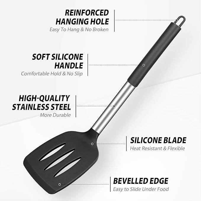 Pack of 4 Large Silicone Cooking Spatulas and Spoons, Slotted and Solid Stainless Steel Cooking Utensils Set, Non-stick Heat Resistant Kitchen for Baking, Fried, Stir-Fry, Mixing, Serving (Black) - Image 3