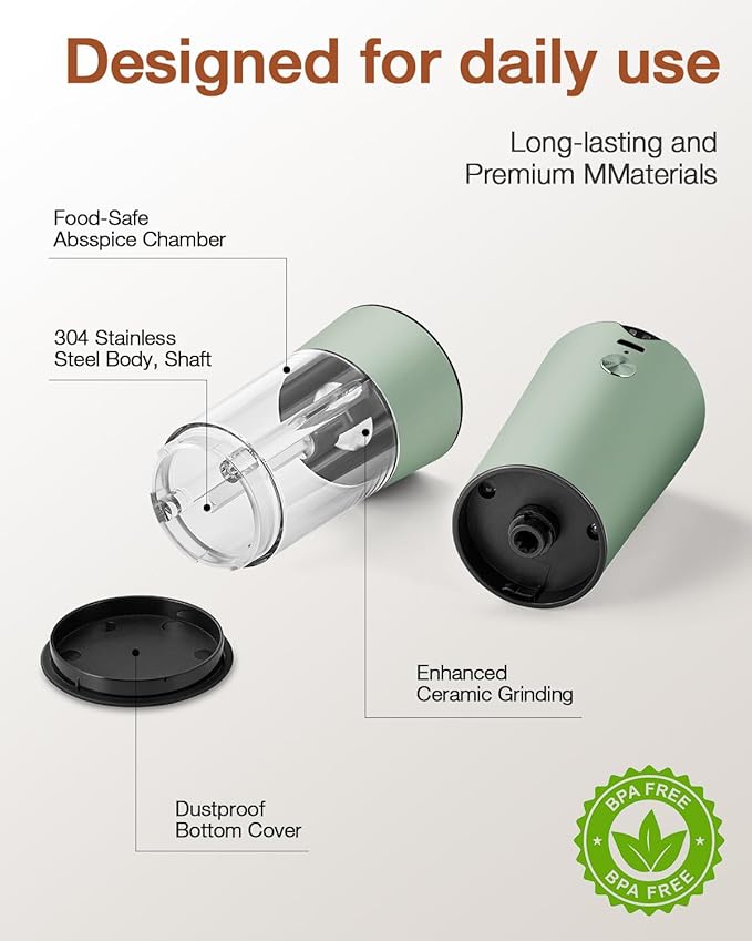 Electric Salt and Pepper Grinder Set–USB-C Rechargeable Charging Base Pepper Mill, Dual LED Light, Adjustable Coarseness,One-Handed Operation, Stainless Steel Sage Green Finish,2pack