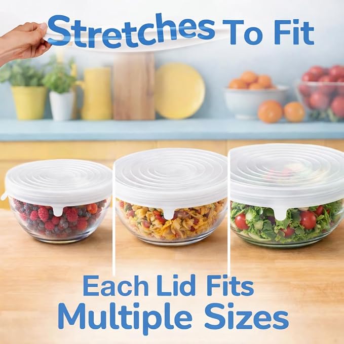 HIC Kitchen Reusable Stretch Food Storage Lids, Silicone, 13-Piece Set, Includes 12 Lids (2x 6 Sizes) Plus 1 Storage Bag - Image 2