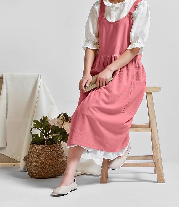 Uaussi Cotton Linen Apron Cross Back Work Apron for Women with Pockets Pinafore Dress X Cross Halter Apron for Chef Gardening - Image 4
