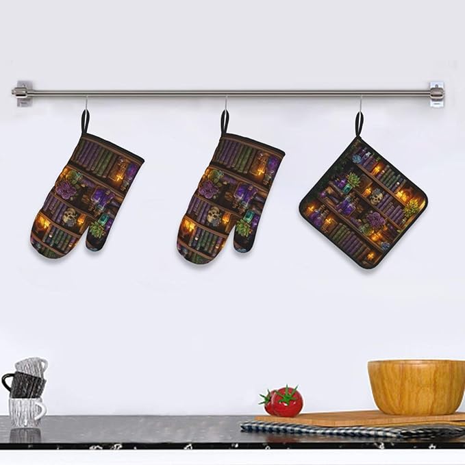 Witch Gothic Oven Mitts and Pot Holders Sets,Witchy Wicca Skull Baking Glovers Hot Pads,Mystical Heat Resistant Kitchen Mitts for Baking Cooking Grilling BBQ,Gothic Witchy Gifts for Women
