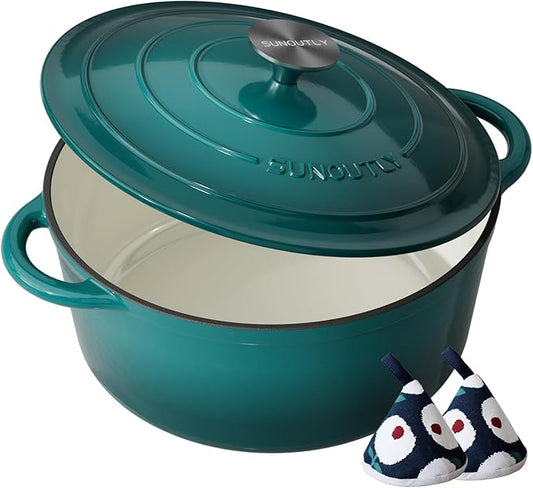 Enameled Cast Iron Dutch Oven - 6QT Pot with Lid & Cotton Potholders - Heavy-Duty Cookware for Braising, Stews, Roasting, Bread Baking, Oven Safe up to 500°F & Across All Stovetops, Bottle Green by SUNOUTLY