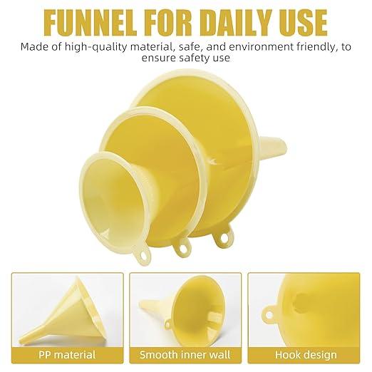 Plastic Kitchen Funnel Set of 3, Round Kitchen Funnels for Filling Bottles, Durable and Multifunctional Funnels for Filling Canning, Cooking, Lab or Car Oil (Milk Yellow) - Image 3