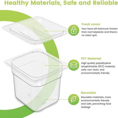6 Pack Plastic Food Pan with Lid 1/6 Size 6 Inch Deep Restaurant Clear Food Storage Containers Polycarbonate Commercial Hotel Pans for Fruits Vegetables Beans Corns (6 PCS, 6'' Deep)