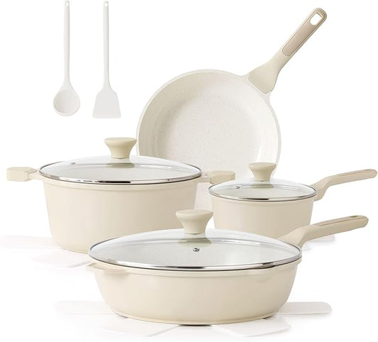 SENSARTE Nonstick Ceramic Cookware Set Large-Size 13-Piece, Healthy Pots and Pans Set, Non-toxic Kitchen Cooking Set with Stay-Cool Handles, PFAS and PFOA Free, Cream White by SENSARTE