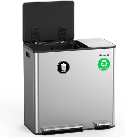 Lovewind Dual Trash Can, 14 + 6 Gallon Garbage Can for Kitchen Dual Compartment Recycling Kitchen Step Trash Bin, Stainless Steel Trash and Recycle Bin Combo with Soft-Close Lid, Silver by LOVEWIND