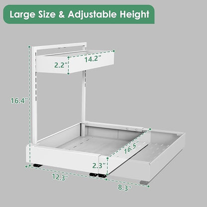 REALINN Under Sink Organizer Pull Out, L-Shaped 2 Tier Cabinet Organizer with Adjustable Width & 6-Level Height, Metal Under Sink Storage for Kitchen Sink, Bathroom Vanity, Laundry Cabinet, White