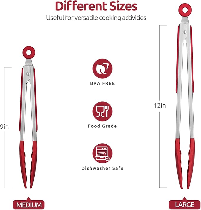600ºF Heat Resistant Kitchen Tongs: U-Taste 9+12 inch Silicone Cooking Tong Set with Firm Sealed Non Stick Rubber Tips and Silicon Coated 18/8 Stainless Steel Handle for Serving Grilling Salad(Red) - Image 2