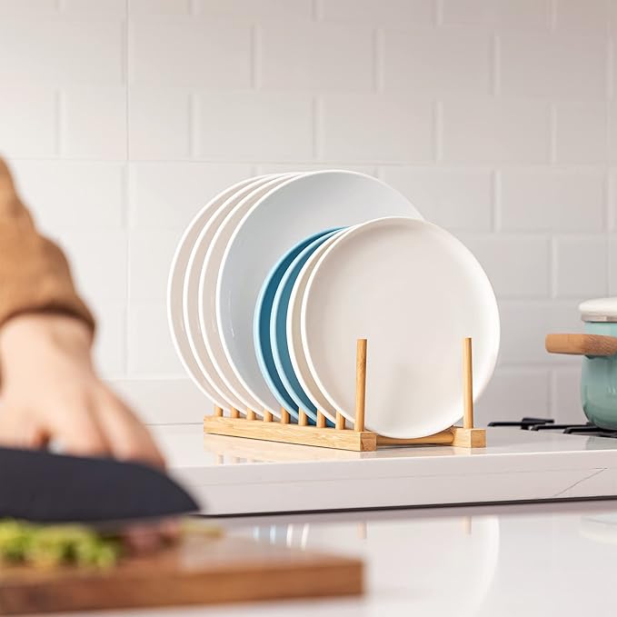 HBlife Bamboo Dish Plate Bowl Cup Book Pot Lid Cutting Board Drying Rack Stand Drainer Storage Holder Organizer Kitchen Cabinet（Keep Dry） - Image 6