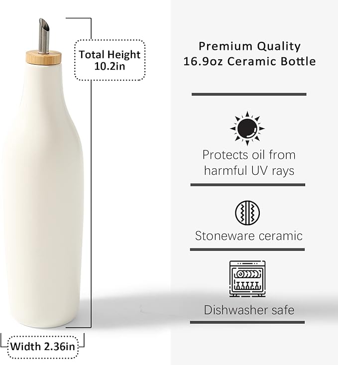 HOMCDALY Olive Oil and Vinegar Dispenser Set, Two 16oz Ceramic Oil Dispenser for Kitchen, Kitchen Dispenser Bottle for EVOO Vinegar Syrups, Modern Farmhouse Design| Set of 2 – white - Image 4