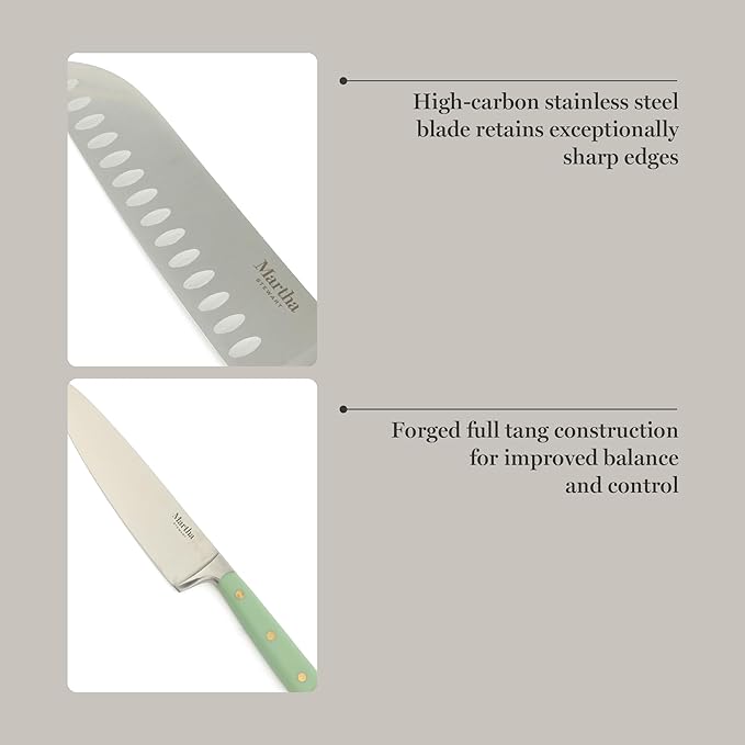 Martha Stewart 16-Piece Lockton High Carbon Stainless Steel Knife Block Set - Forged Full Tang Chef Knives, Acacia Wood Block, Triple Riveted Handles, Sage Green & Gold - Image 5