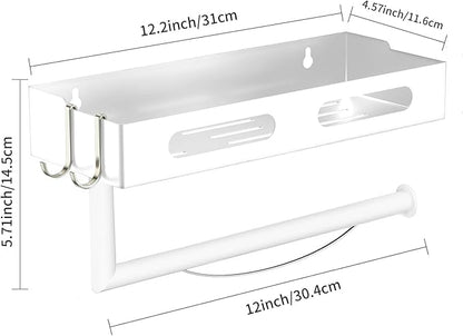 Paper Towel Holder Wall Mount for Kitchen, Paper Towel Holder with Shelf for Bathroom, RV Paper Towel Rack with 2 Hooks, White