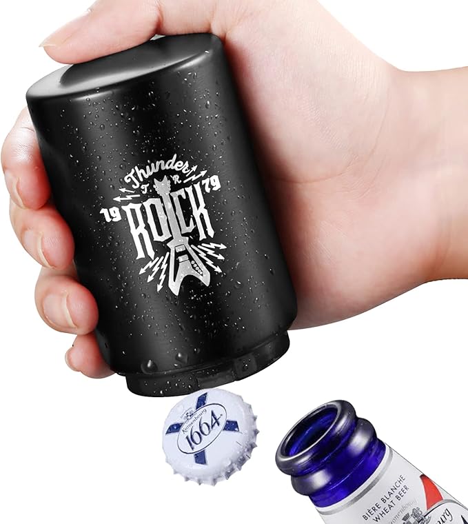 Automatic Beer Bottle Opener with Magnetic Cap Catcher, Stainless Steel One-Handed Lid Opening Spring Loaded Push&Pop for Kitchen Home Bar Restaurant Household Utensils Beer Accessories Gift