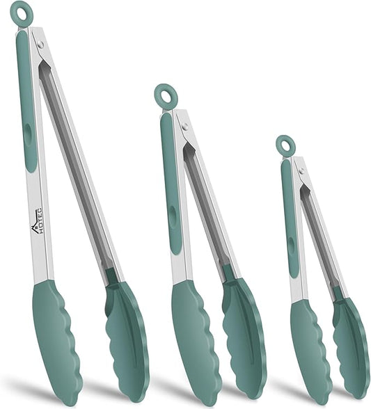 HOTEC Premium Stainless Steel Locking Kitchen Tongs with Silicon Tips, Set of 3-7", 9" and 12" (Sage Green) by Hotec