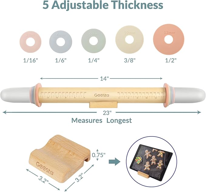 Geesta Adjustable Wood Rolling Pin with 5 Thickness Rings, Precise Dough Roller Handle Press Design with Measurement Guide for Fondant, Pizza, Pie Crust, Cookie, Pastry Baking Decorating Accessories - Image 6