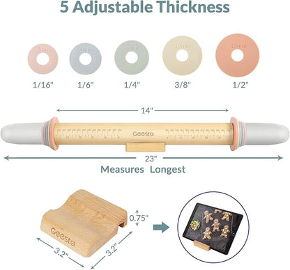 Geesta Adjustable Wood Rolling Pin with 5 Thickness Rings, Precise Dough Roller Handle Press Design with Measurement Guide for Fondant, Pizza, Pie Crust, Cookie, Pastry Baking Decorating Accessories - Image 6