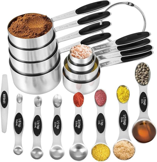 16 Pieces Measuring Cups and Magnetic Measuring Spoons Set Stainless Steel,8 Measure Cups with Silicone Handle and 7 Double Sided Magnetic Measure Spoons & 1 Leveler by KELOFKO