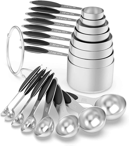 Measuring Cups & Spoons Set of 16, Wildone Stainless Steel Measuring Cups and Measuring Spoons with Black Silicone Handle, Including 8 Nesting Cups, 8 Spoons, for Dry and Liquid Ingredient