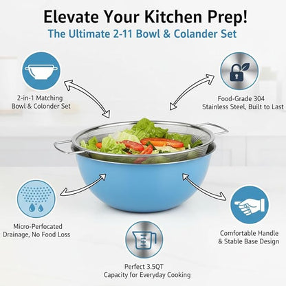 304 Stainless Steel Kitchen Colander Set, 3.5QT Colander with Handle and Bowl, 40 Mesh Fine Strainer, Fast Draining for Rice, Pasta, Fruits & Vegetables, Dishwasher Safe