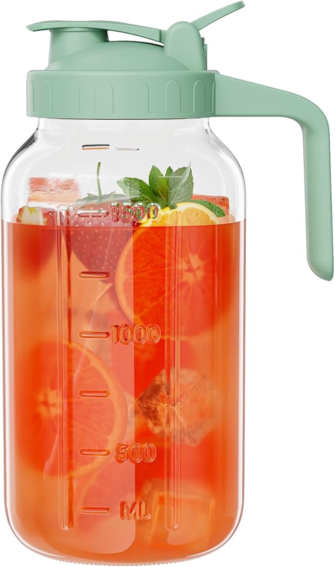 Glass Mason Jar Pitcher, 64 oz Wide Mouth Jug with Pour Spout Handle Lid for Cold Brew Coffee, Ice Beverage, Iced Juice, Lemonade, Sun Tea, Fruit Drinks Container(Green) by Junvpic
