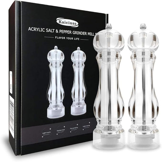 salt and pepper grinder mill set refillable large,the best transparent acrylic grinders for whole peppercorn and himalayan salt by Kaiciuss